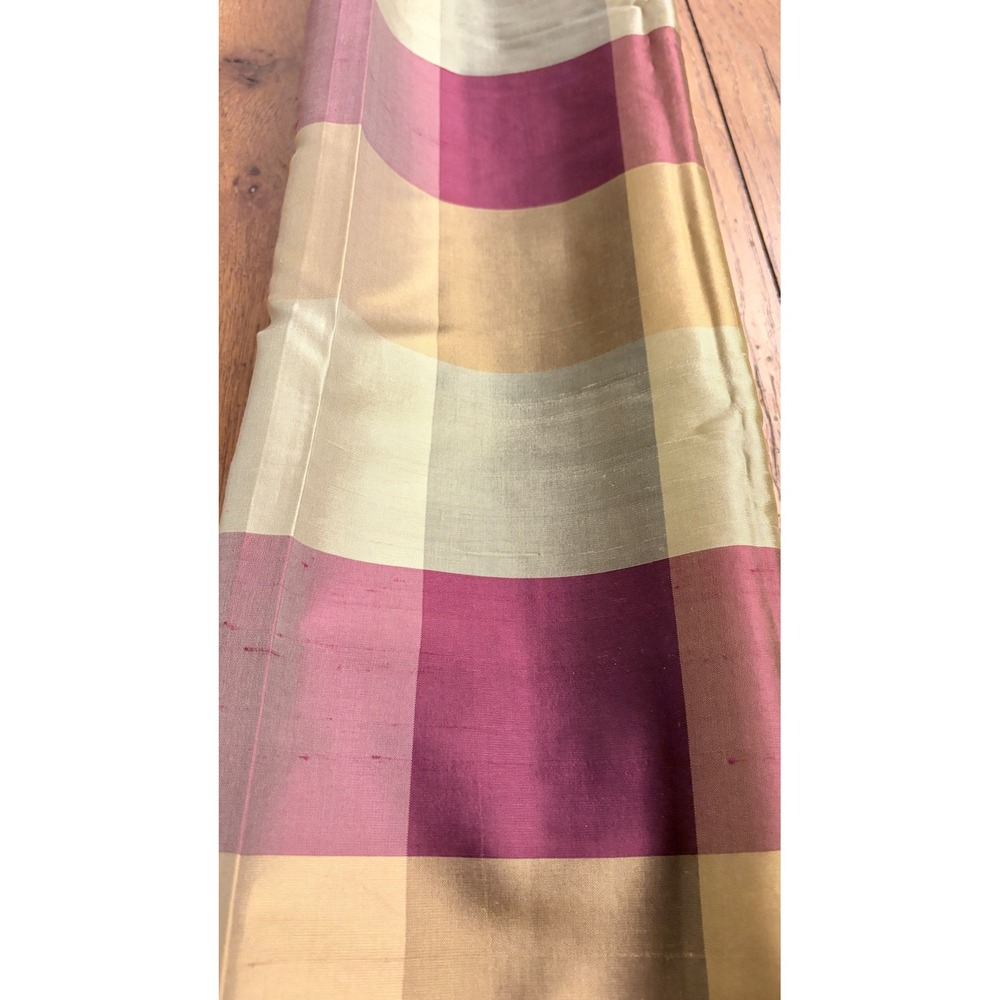 Pair Silk Plaid Drapery Panels Bronze Maroon Gold Cotton Lined 42x82
